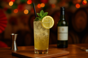 Vaso alto con Rebujito preparado con vino de Jerez fino, refresco de lima-limón, hielo y hierbabuena fresca, servido en ambiente andaluz.