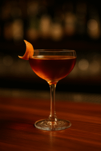 Copa de cóctel con Adonis, preparado con vino de Jerez amontillado, vermut rojo y bitter de naranja, decorado con twist de piel de naranja.