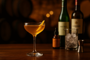 Copa de cóctel servida con un Bamboo Cocktail, preparado con vino de Jerez fino, vermut seco, angostura y piel de limón, en barra elegante.