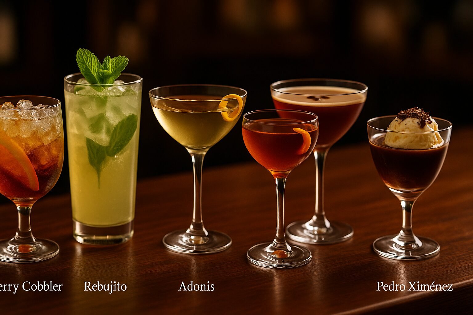 Cócteles con vino de Jerez: Sherry Cobbler, Rebujito, Bamboo, Adonis, Espresso Martini y PX con helado