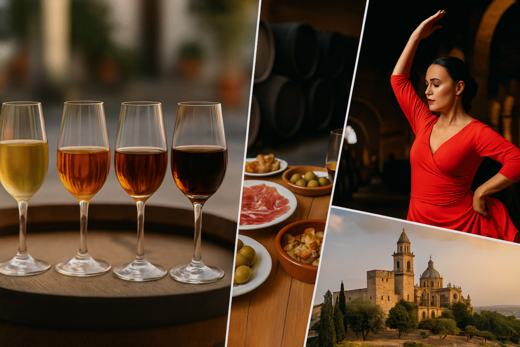 Jerez con espectáculo de flamenco, Catedral iluminada, Alcázar almohade, mural turístico de Lola Flores, tabanco con vino de Jerez, tapas típicas y museo local con visitantes.
