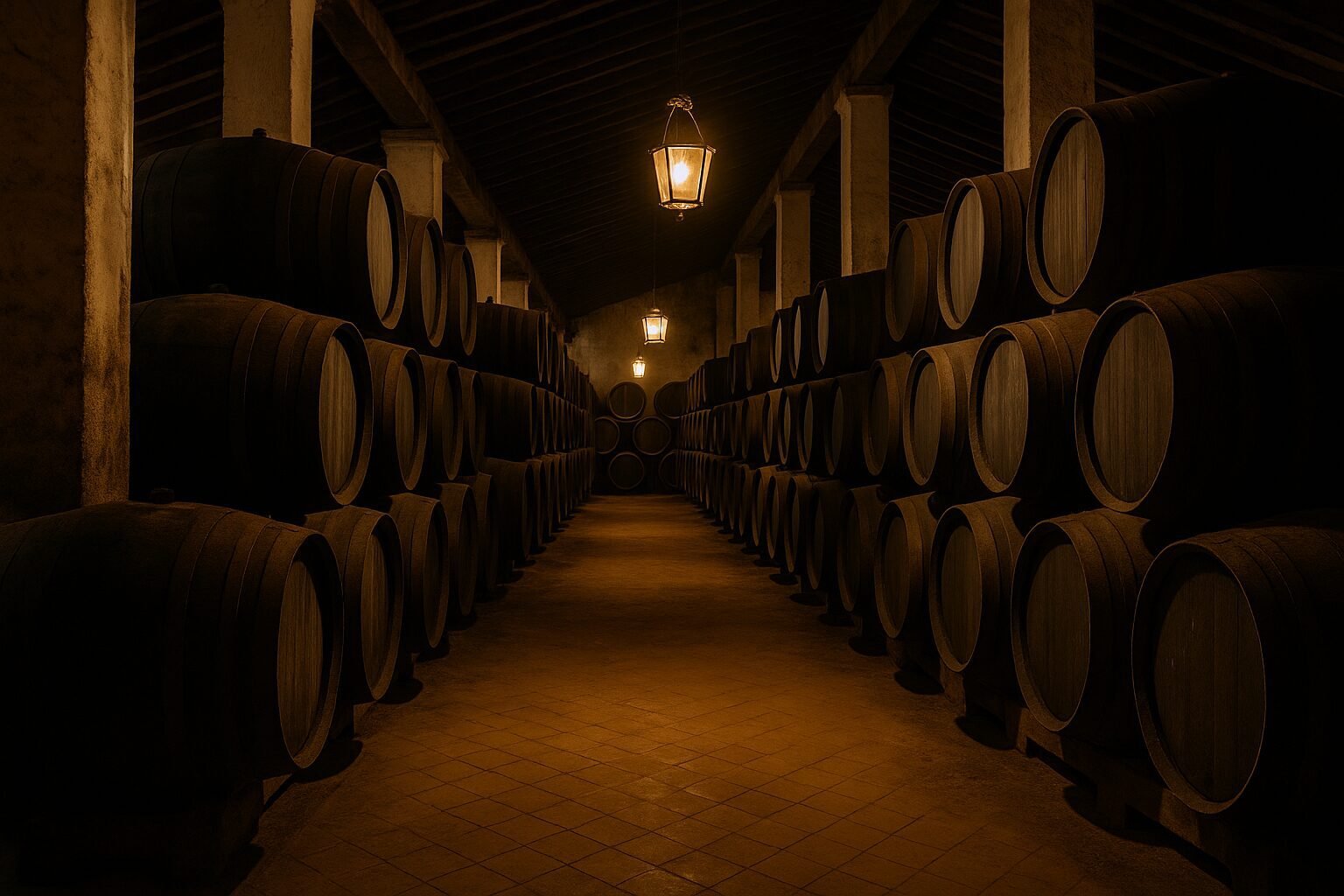 Interior de bodega de Jerez con botas alineadas mostrando el sistema de criaderas y solera bajo luz cálida.