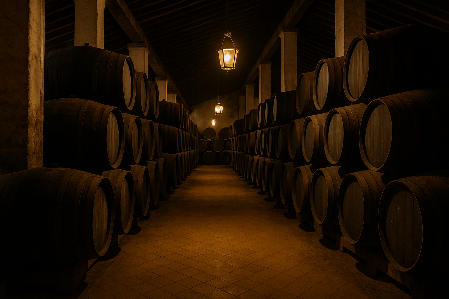 Interior de bodega de Jerez con botas alineadas mostrando el sistema de criaderas y solera bajo luz cálida.