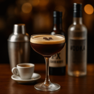 Copa de cóctel con un Espresso Sherry Martini, preparado con vino de Jerez Pedro Ximénez, café espresso y vodka, decorado con granos de café.