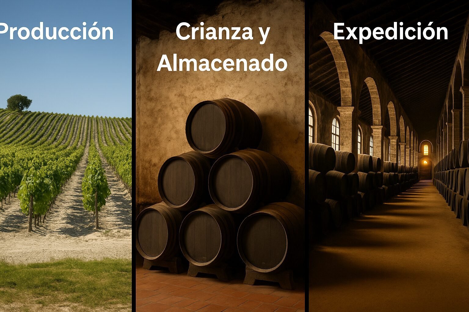 Comparativa visual de bodegas de producción, crianza y almacenado, y expedición en Jerez, con botas y viñedos al fondo.