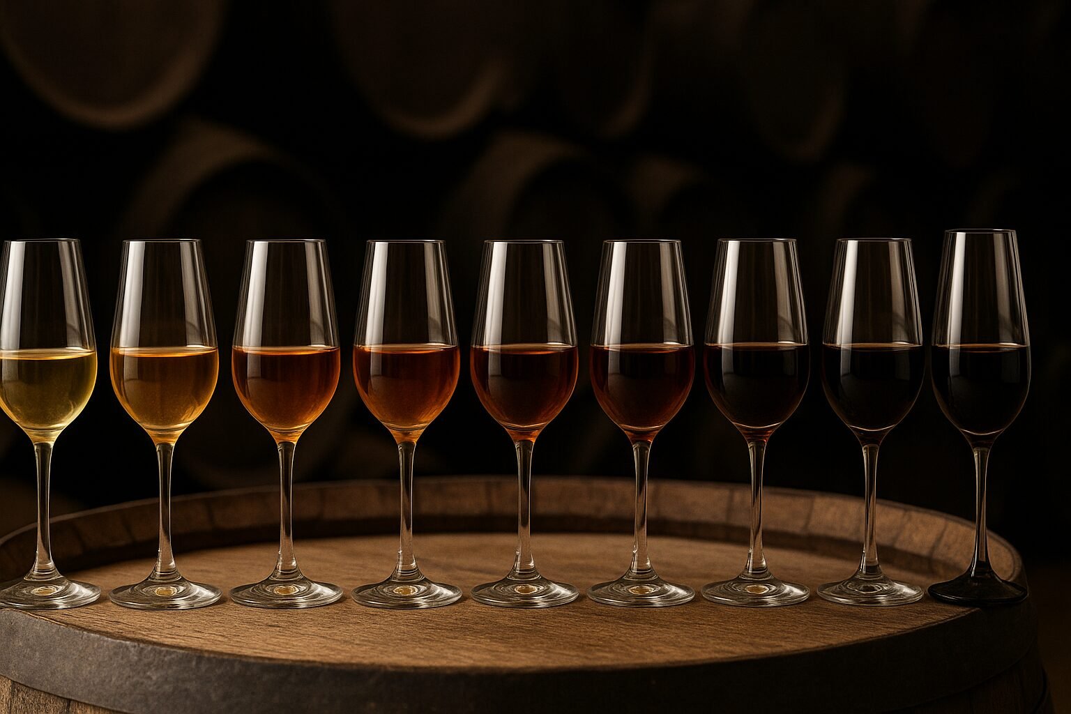 Copas de vino de Jerez sobre barricas en bodega